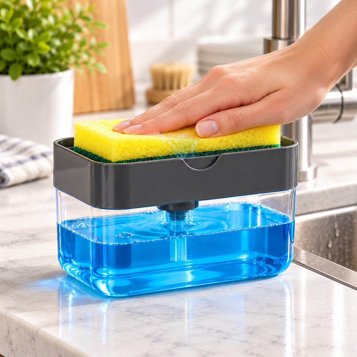 2-in-1 Dish Soap Dispenser & Sponge Holder โ One-Press Kitchen Organizer