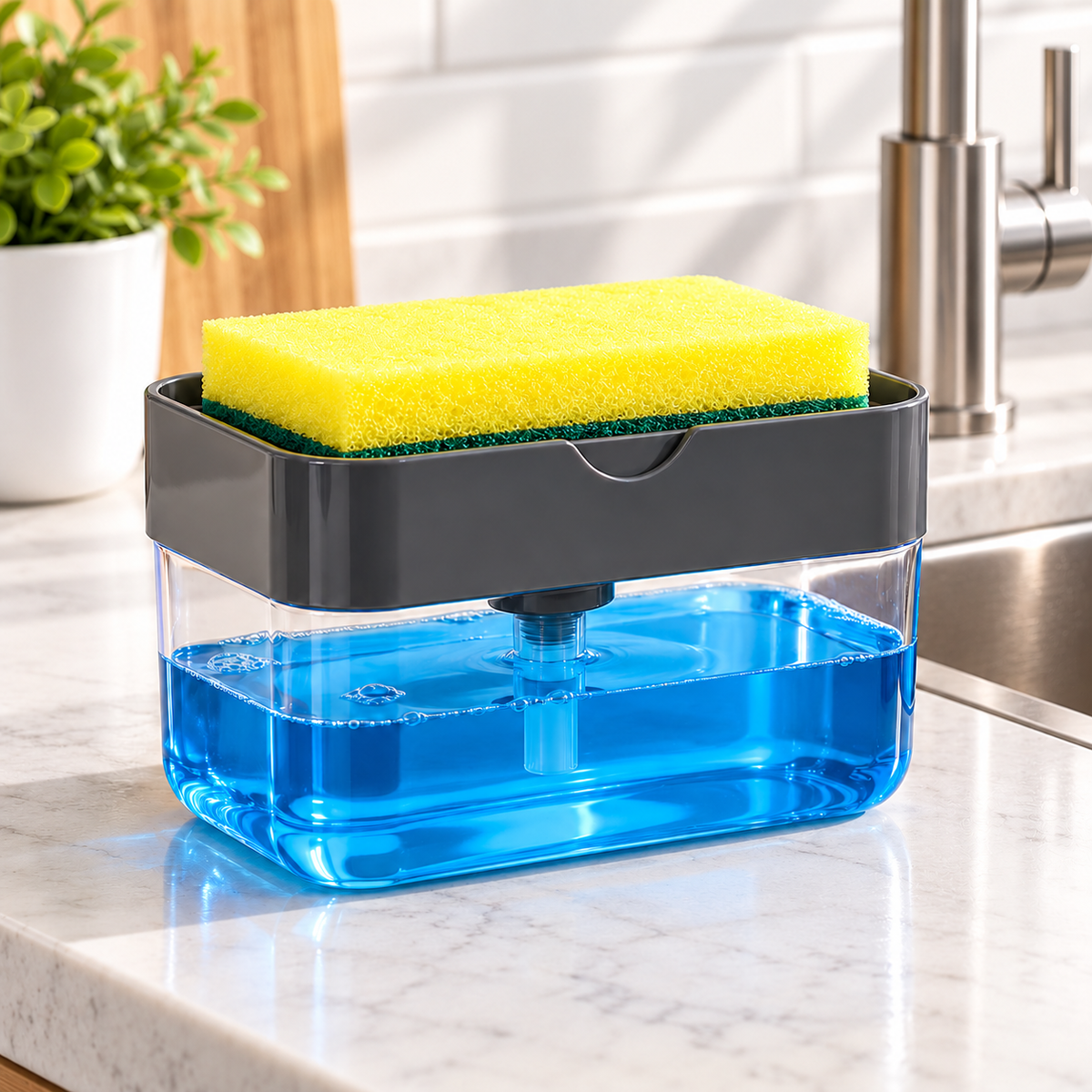 2-in-1 Dish Soap Dispenser & Sponge Holder – One-Press Kitchen Organizer