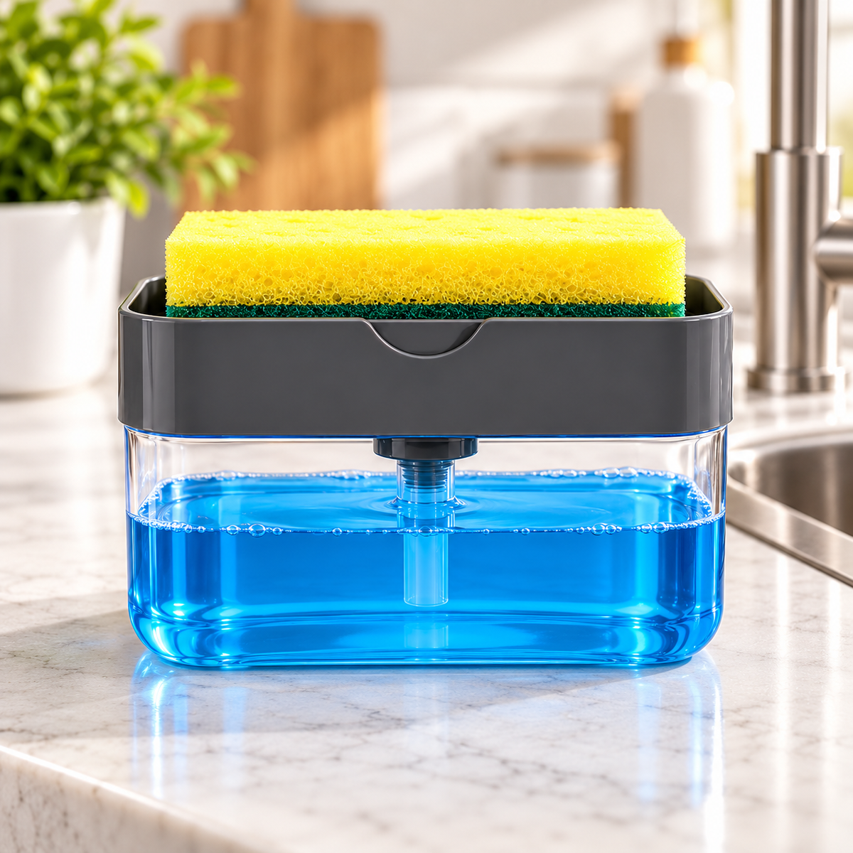 2-in-1 Dish Soap Dispenser & Sponge Holder – One-Press Kitchen Organizer